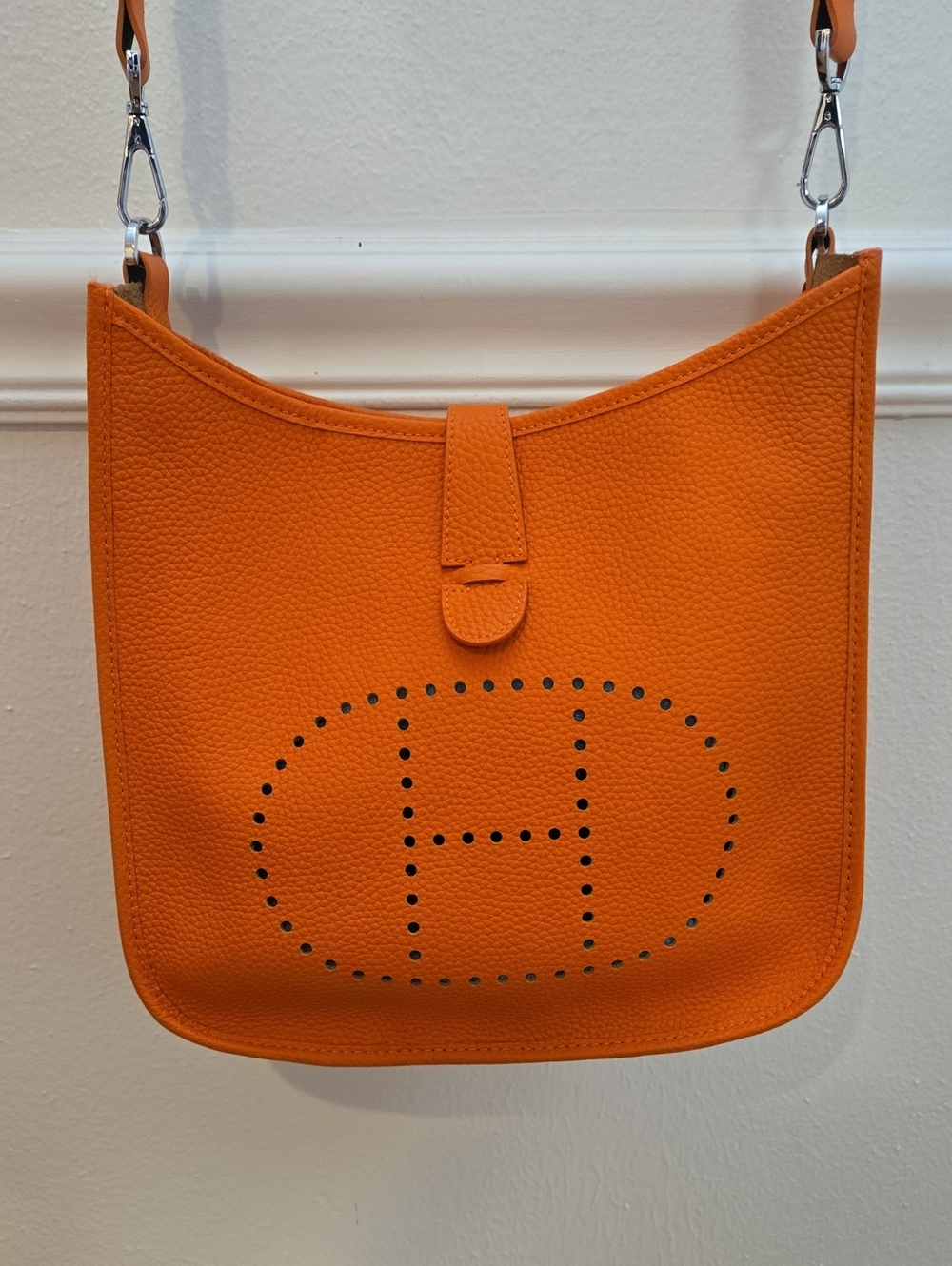 Orange Perforated Leather Shoulder Bag with Detachable Strap